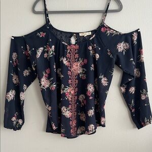 Rewind Navy Floral Cold Shoulder Blouse